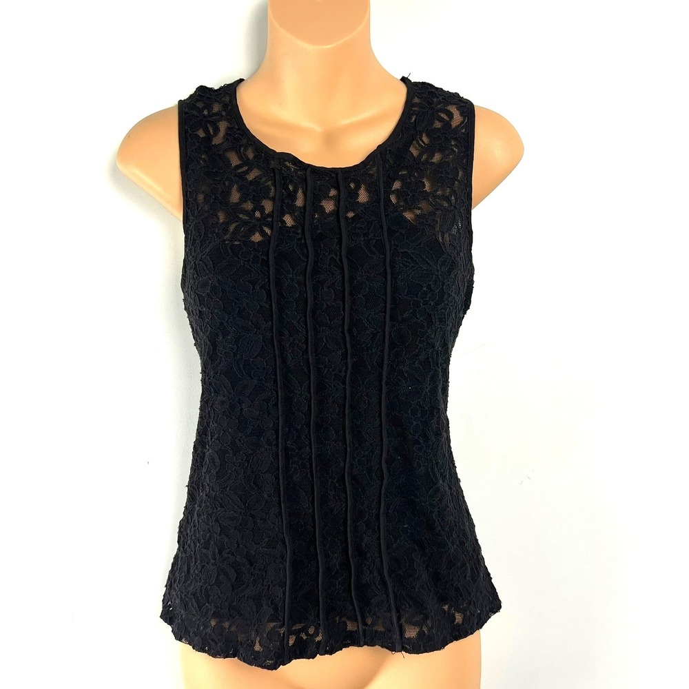 Alfani Black Lace Sleeveless Fitted Pintuck Top PS Gothic Office Siren Capsule
